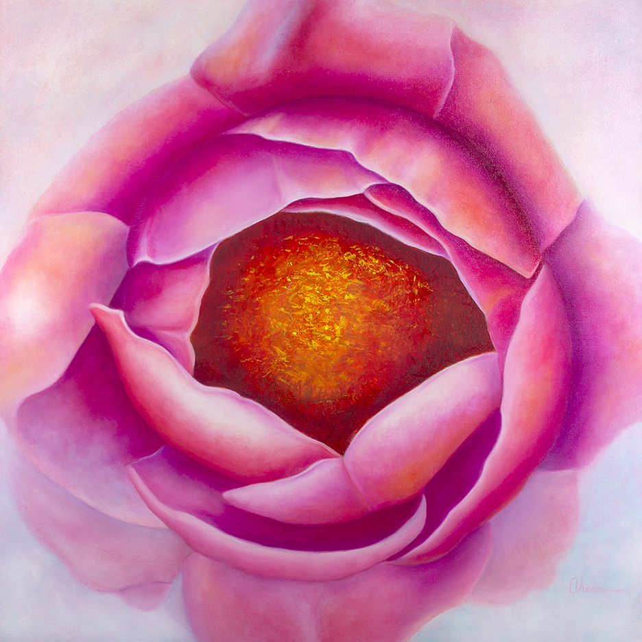 Centering - Pink Peony Squared. Original oil painting by Mary Ahern the artist.
