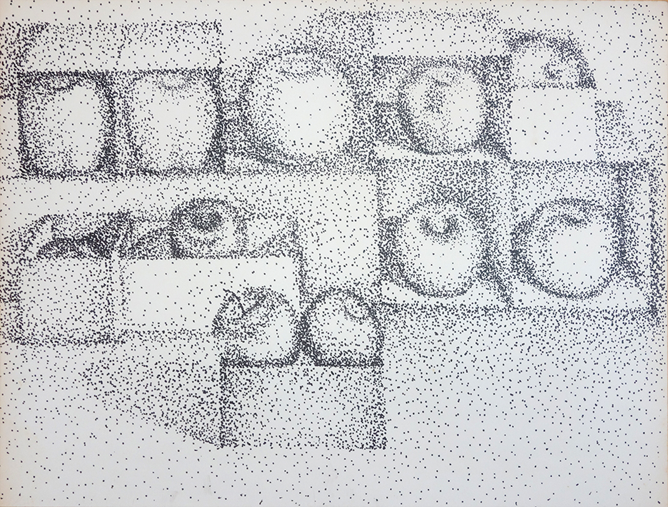 Apple in Boxes Pointilist drawing by Mary Ahern the Artist