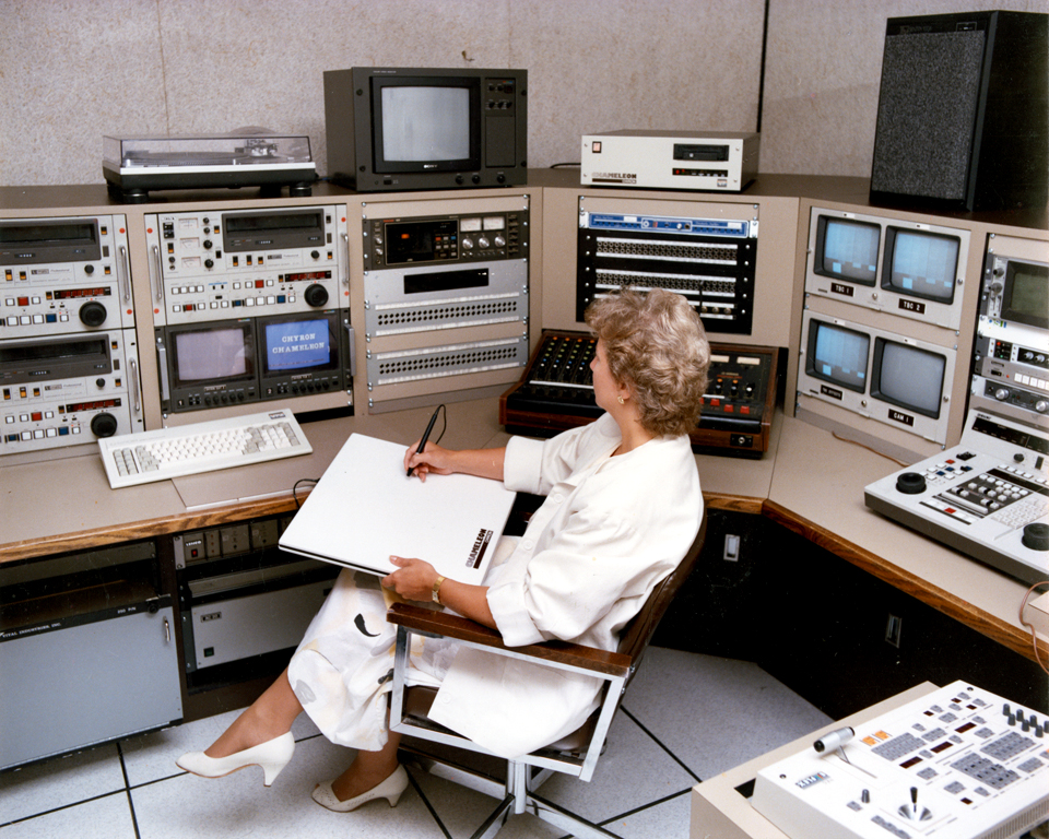 1985 - Mary Ahern in the Cablevision studio working with the Chameleon electronic paint system.