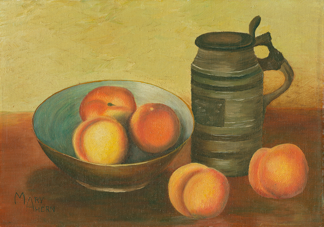 Peach Still LIfe Painting by the artist, Mary Ahern
