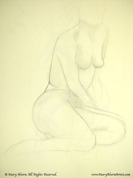 Seated figure in pencil on newsprint paper