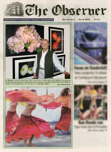 The Northport Observer cover story of Northport Art in the Park featuring Mary Ahern the Artist.