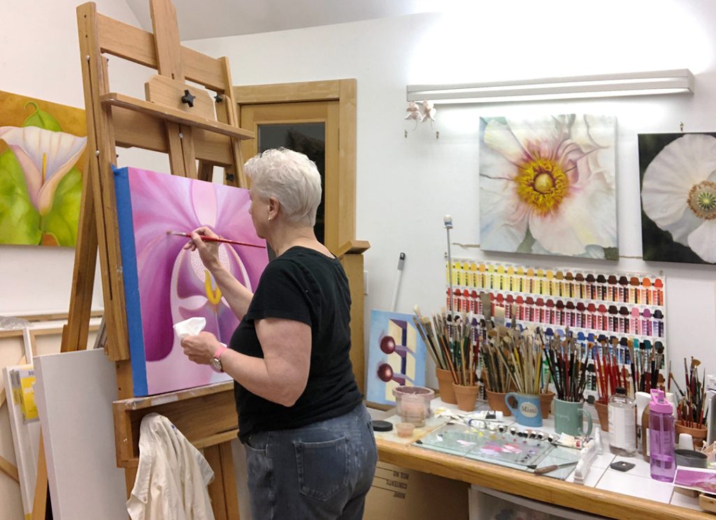 Mary in Her Studio Working on Phaelanopsis Orchid (December 2020)